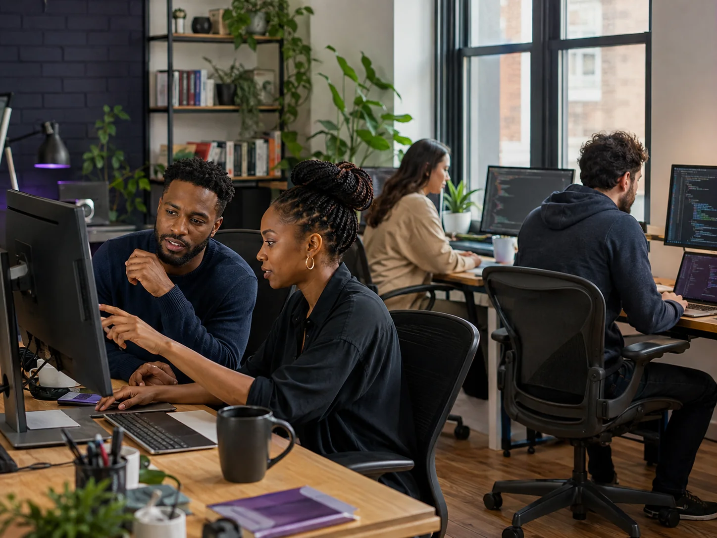 Illustrative technology office with a team working at desks and monitors