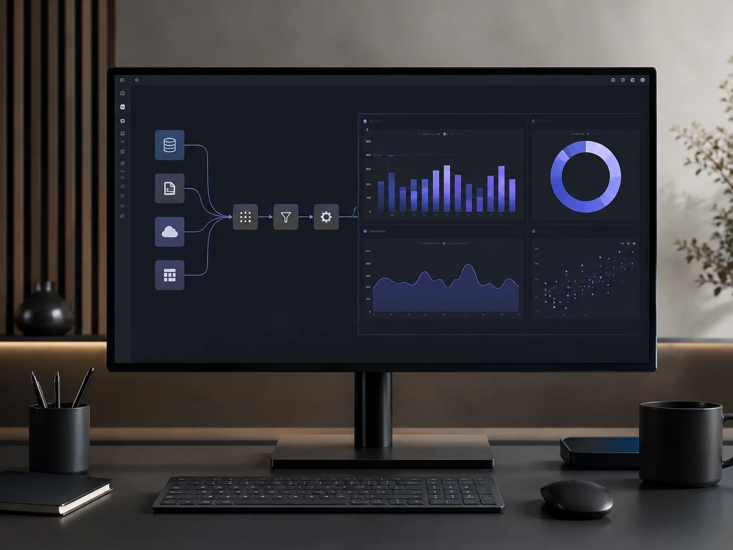 Connected automation workflow and analytics interface on a monitor