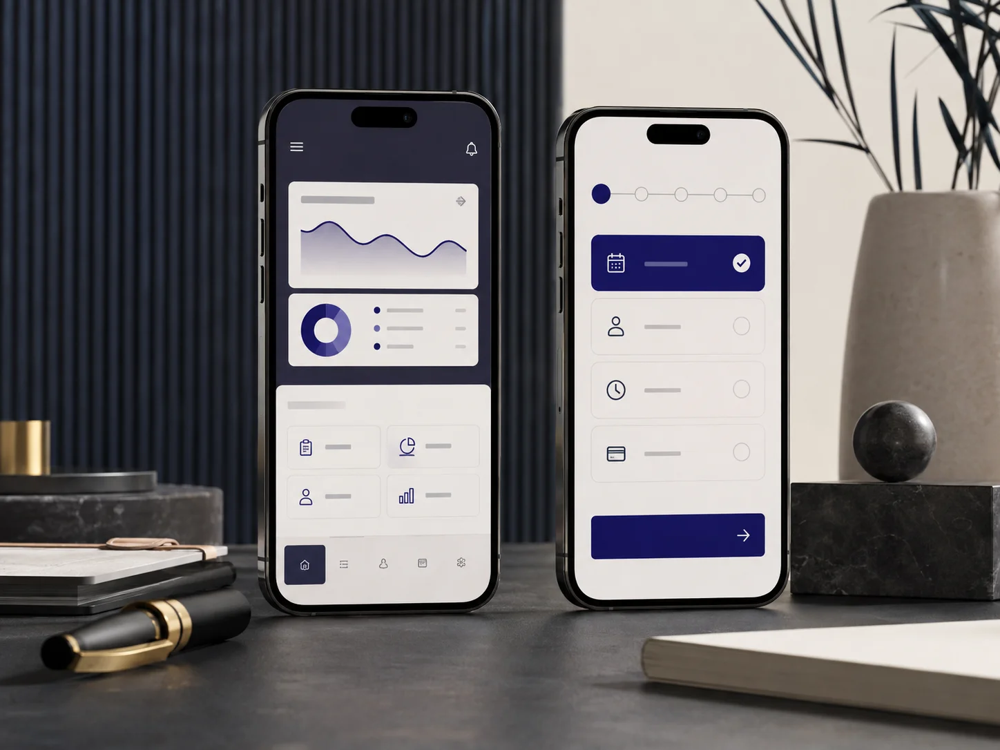 Mobile application interfaces displayed on two smartphones